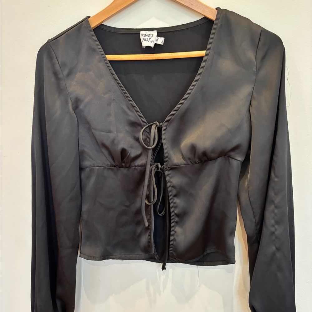 Princess Polly Black Satin Tie-Front Long-Sleeve Blouse